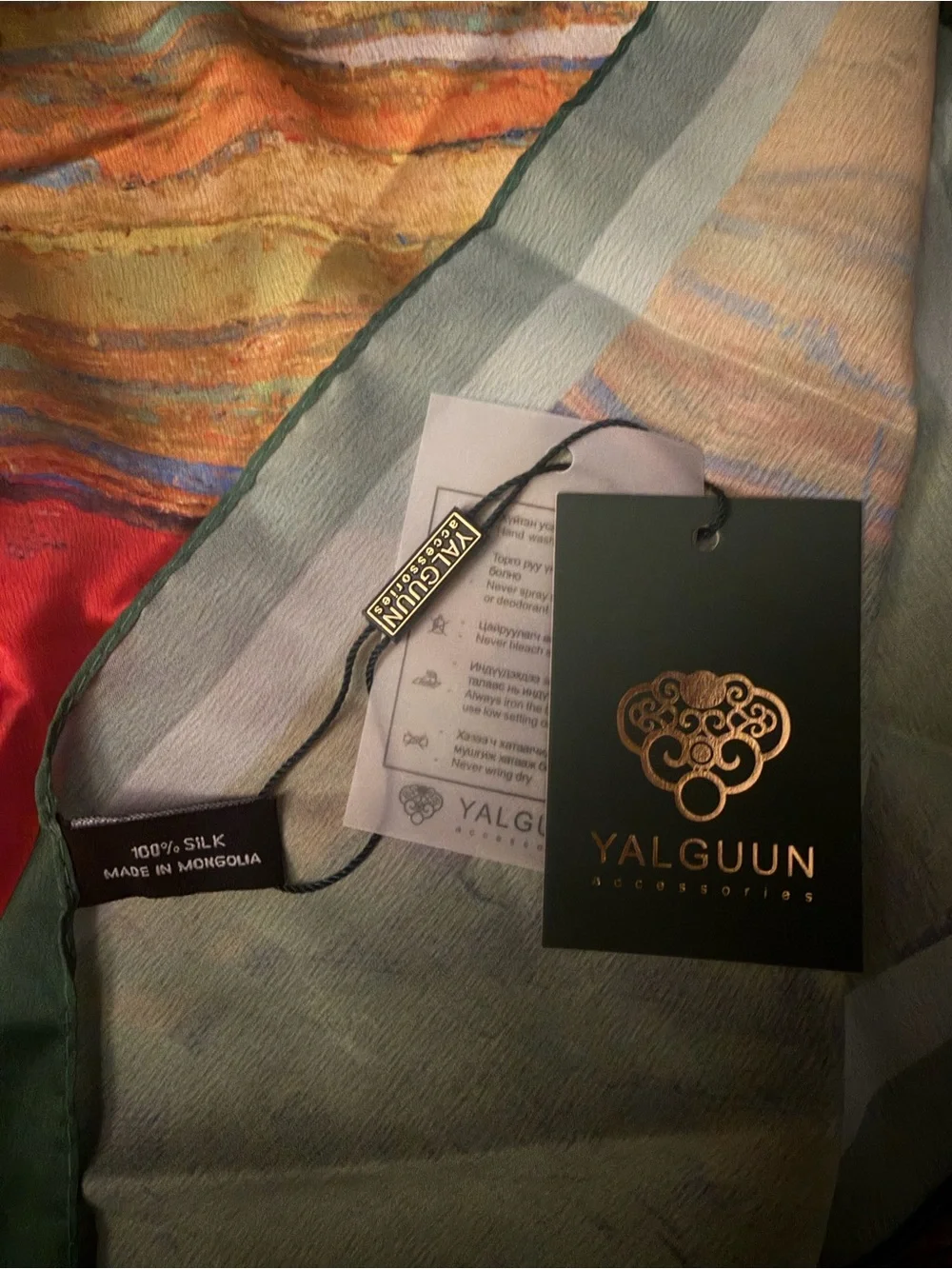 Yalguun Silk Scarf Wrap in Light Green and Red